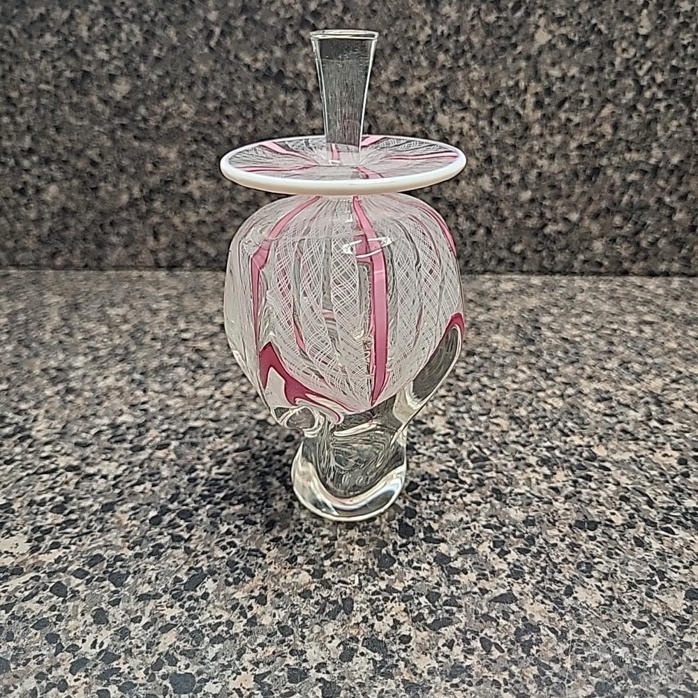 VINTAGE 1995 HERON Zanfirico Glass Pastel Pink Ribbon Perfume Bottle with Dauber